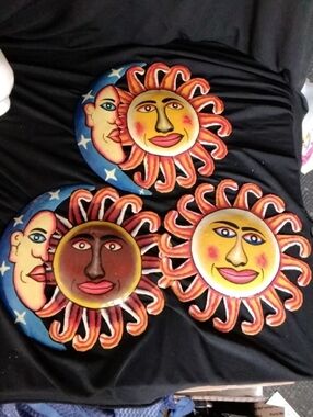3 Sun and Moon Wall Metal Plaque - Bright Hand Carved Painted